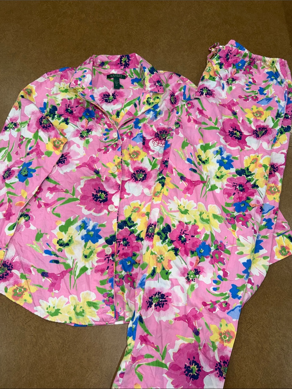 Ralph Lauren Pink Floral Pajama Set w/Multicolor Blooms •Size XL• See ALL Photos